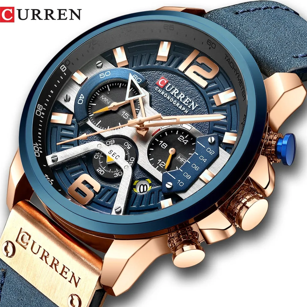 CURREN Chic Fashionable Sport Watch for Men Blue Top Brand Luxury Military Leather Chronograph WristWatch