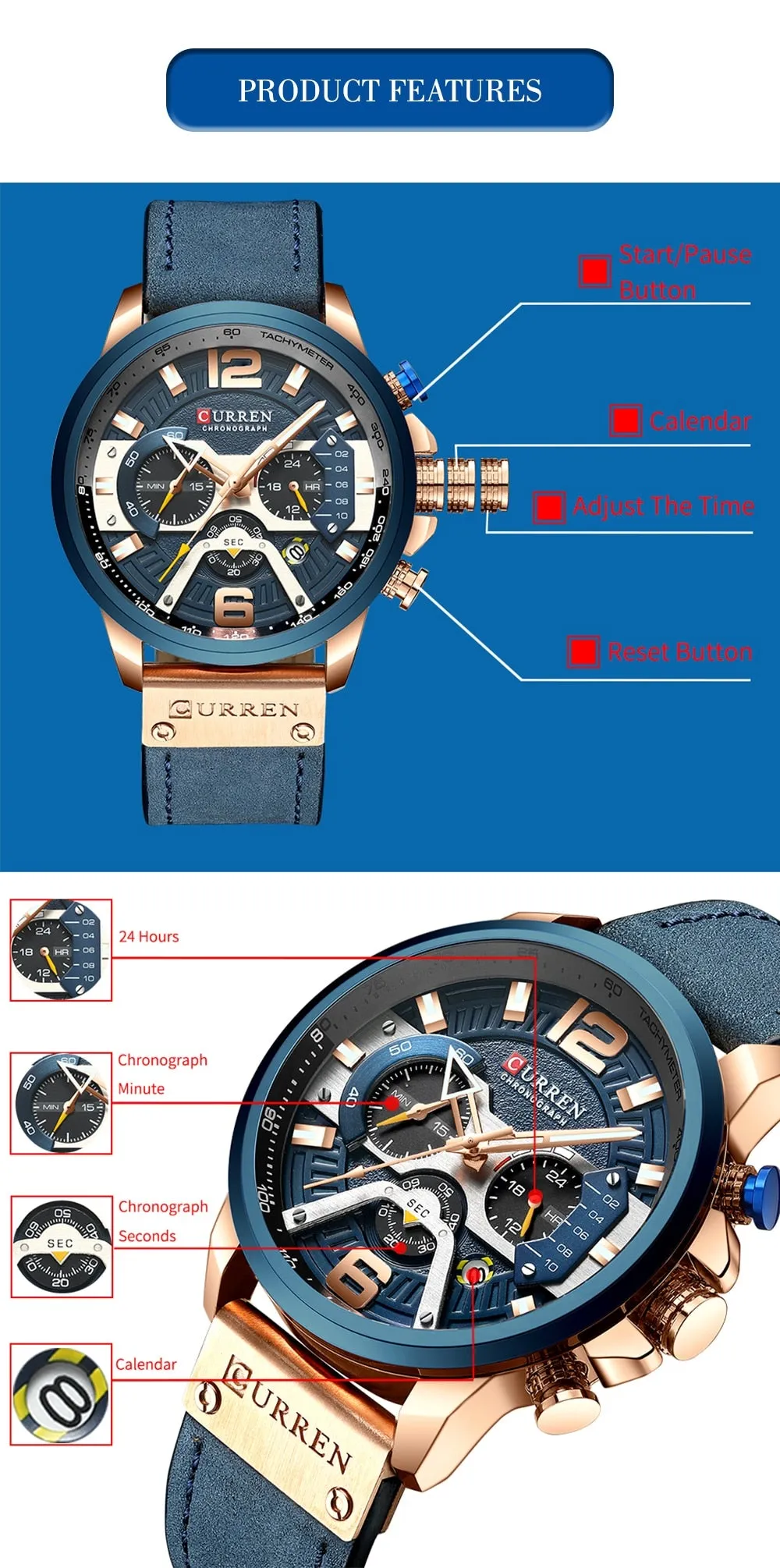 CURREN Chic Fashionable Sport Watch for Men Blue Top Brand Luxury Military Leather Chronograph WristWatch