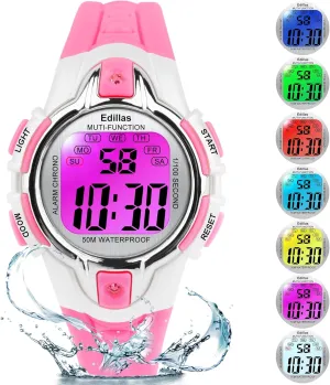 Edillas Kids Watches Digital Girls Boys,7 Colors Light Wrist Watch for Child Waterproof Sport Outdoor Multifunctional Watches with Stopwatch/Alarm for Ages 4-15