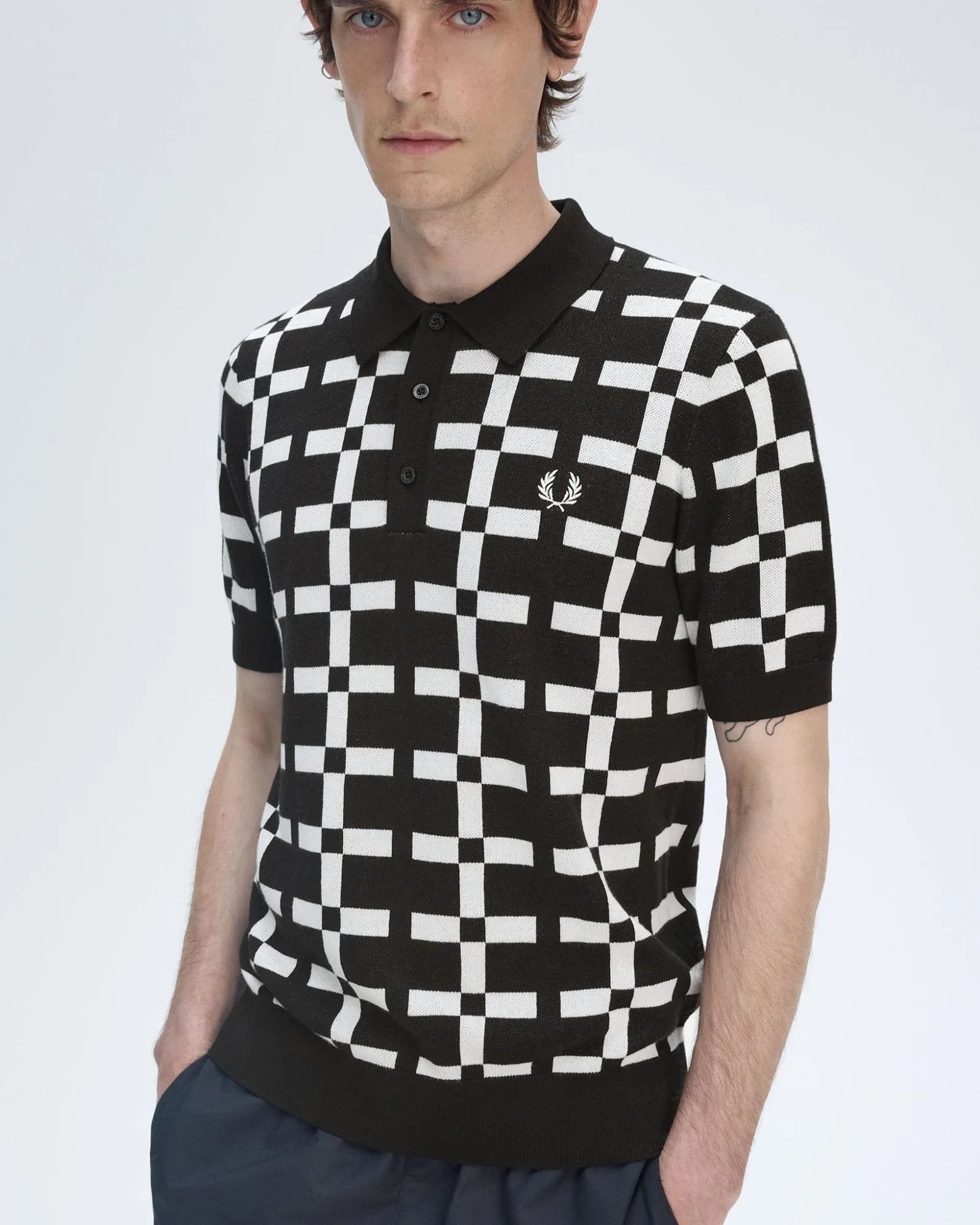 Fred Perry Geometric Jacquard Knit Polo Shirt - Black