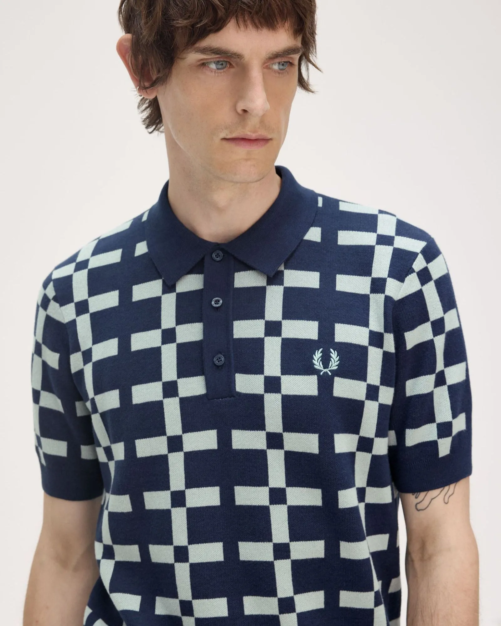 Fred Perry Geometric Jacquard Knit Polo Shirt - Tennis Blue