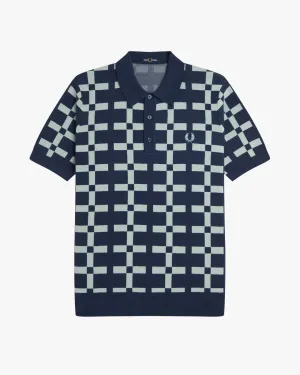 Fred Perry Geometric Jacquard Knit Polo Shirt - Tennis Blue