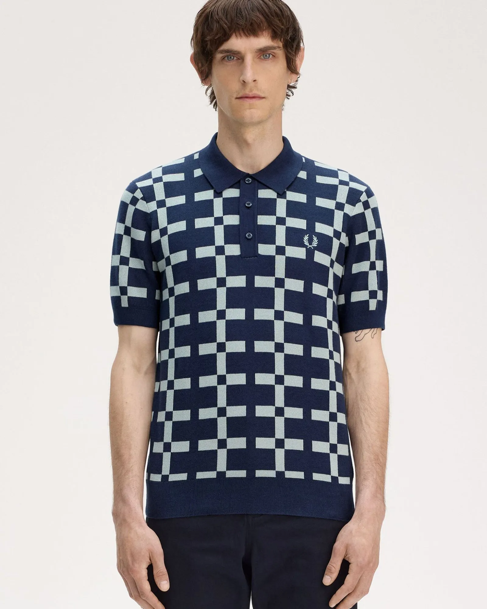 Fred Perry Geometric Jacquard Knit Polo Shirt - Tennis Blue