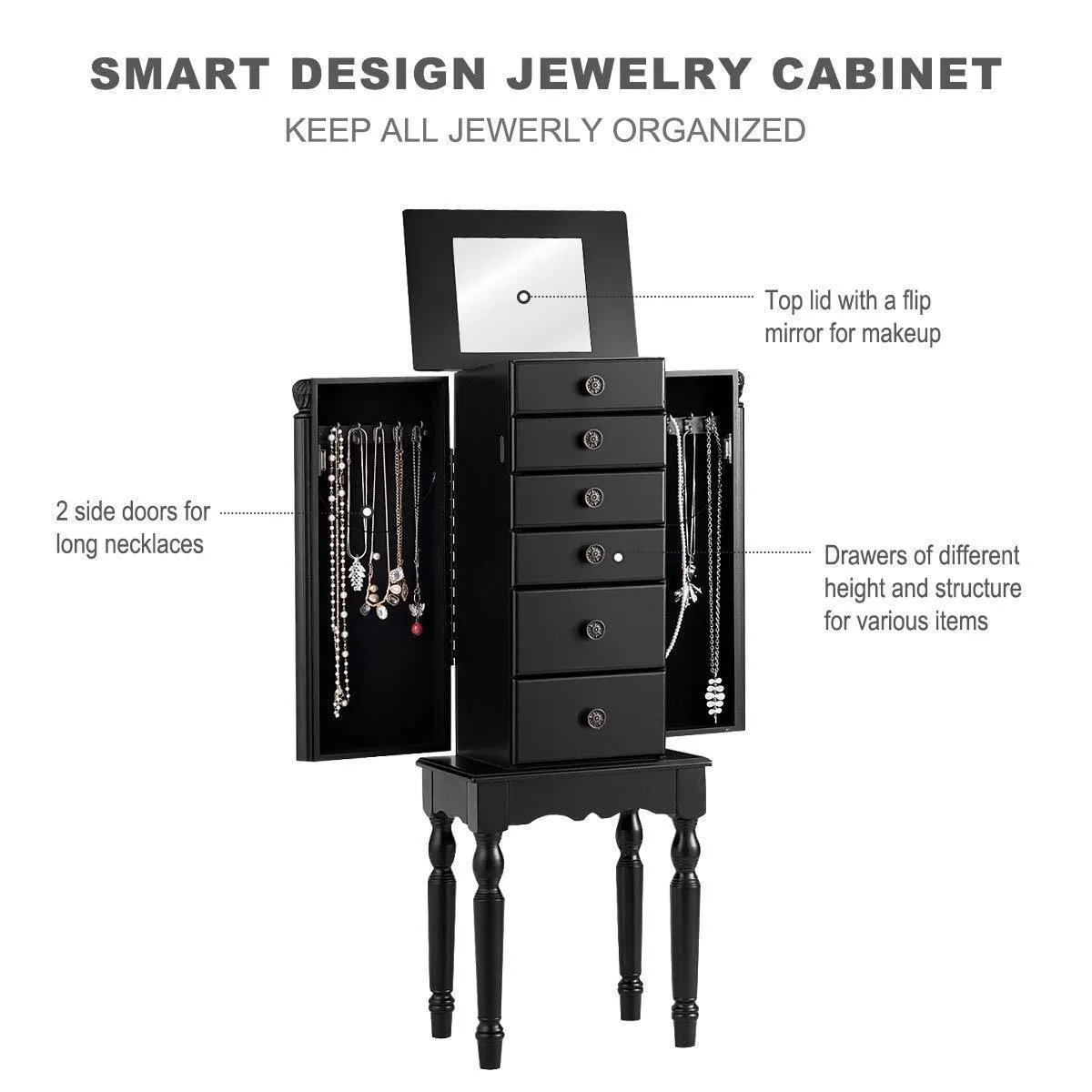 Giantex Jewelry Armoire Chest Cabinet Storage Box with Top Flip Makeup Mirror Large Standing Organizer for Bedroom 10 Necklace Hooks Space Saving Side Swing Doors Jewelry Armoires w/ 5 Drawers (Black)