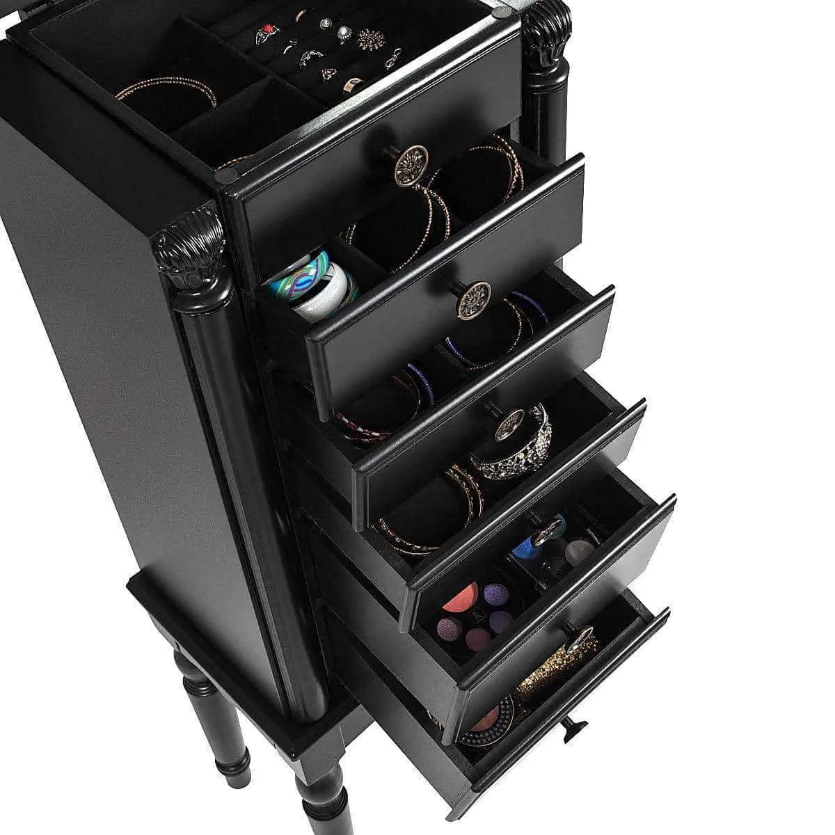 Giantex Jewelry Armoire Chest Cabinet Storage Box with Top Flip Makeup Mirror Large Standing Organizer for Bedroom 10 Necklace Hooks Space Saving Side Swing Doors Jewelry Armoires w/ 5 Drawers (Black)