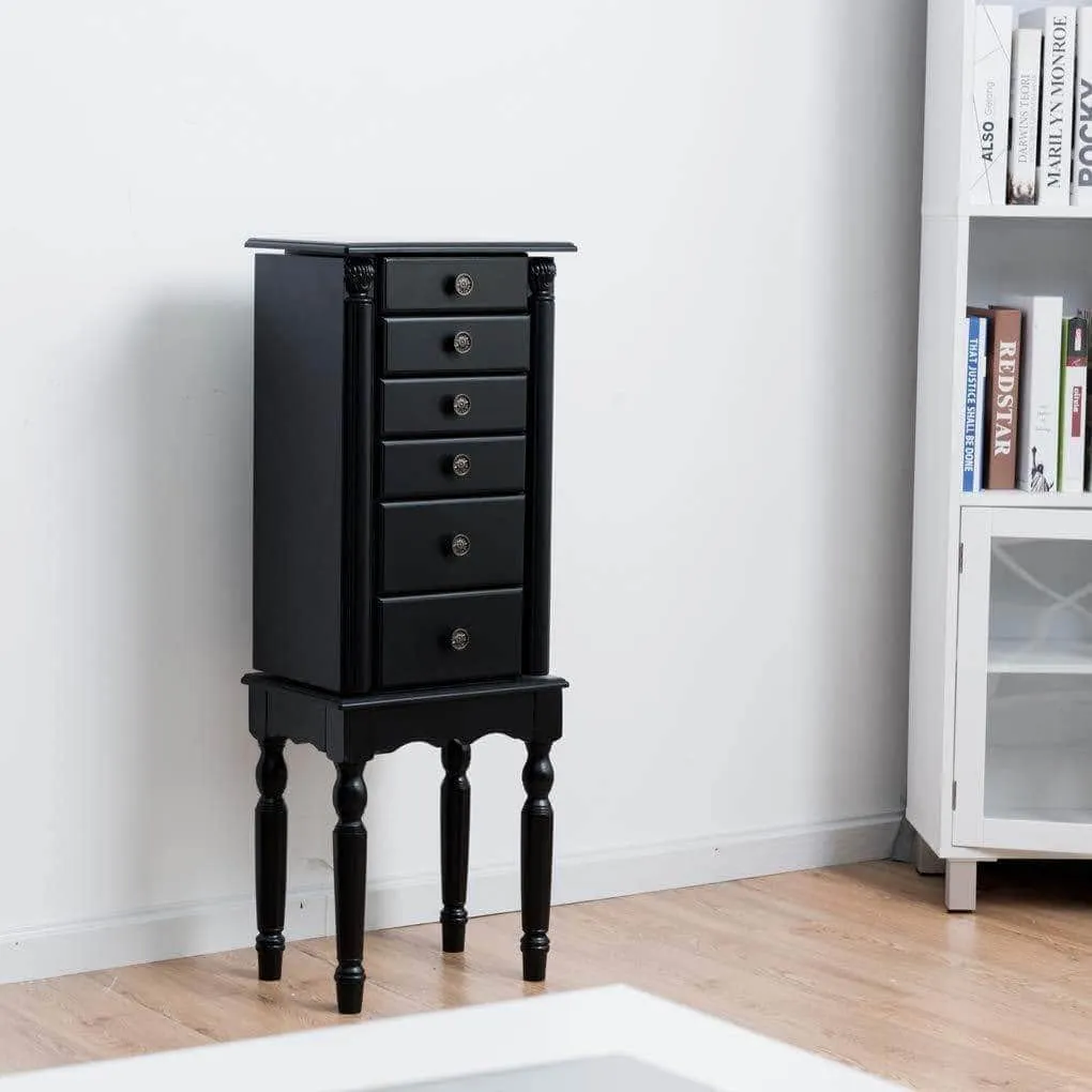 Giantex Jewelry Armoire Chest Cabinet Storage Box with Top Flip Makeup Mirror Large Standing Organizer for Bedroom 10 Necklace Hooks Space Saving Side Swing Doors Jewelry Armoires w/ 5 Drawers (Black)