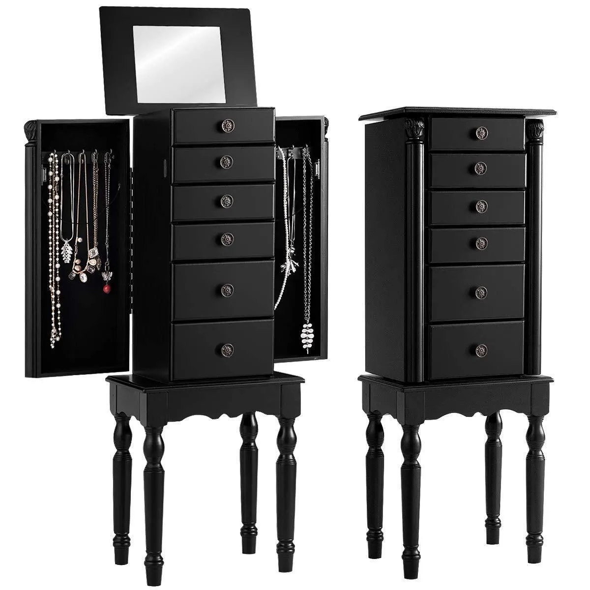 Giantex Jewelry Armoire Chest Cabinet Storage Box with Top Flip Makeup Mirror Large Standing Organizer for Bedroom 10 Necklace Hooks Space Saving Side Swing Doors Jewelry Armoires w/ 5 Drawers (Black)