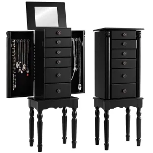 Giantex Jewelry Armoire Chest Cabinet Storage Box with Top Flip Makeup Mirror Large Standing Organizer for Bedroom 10 Necklace Hooks Space Saving Side Swing Doors Jewelry Armoires w/ 5 Drawers (Black)