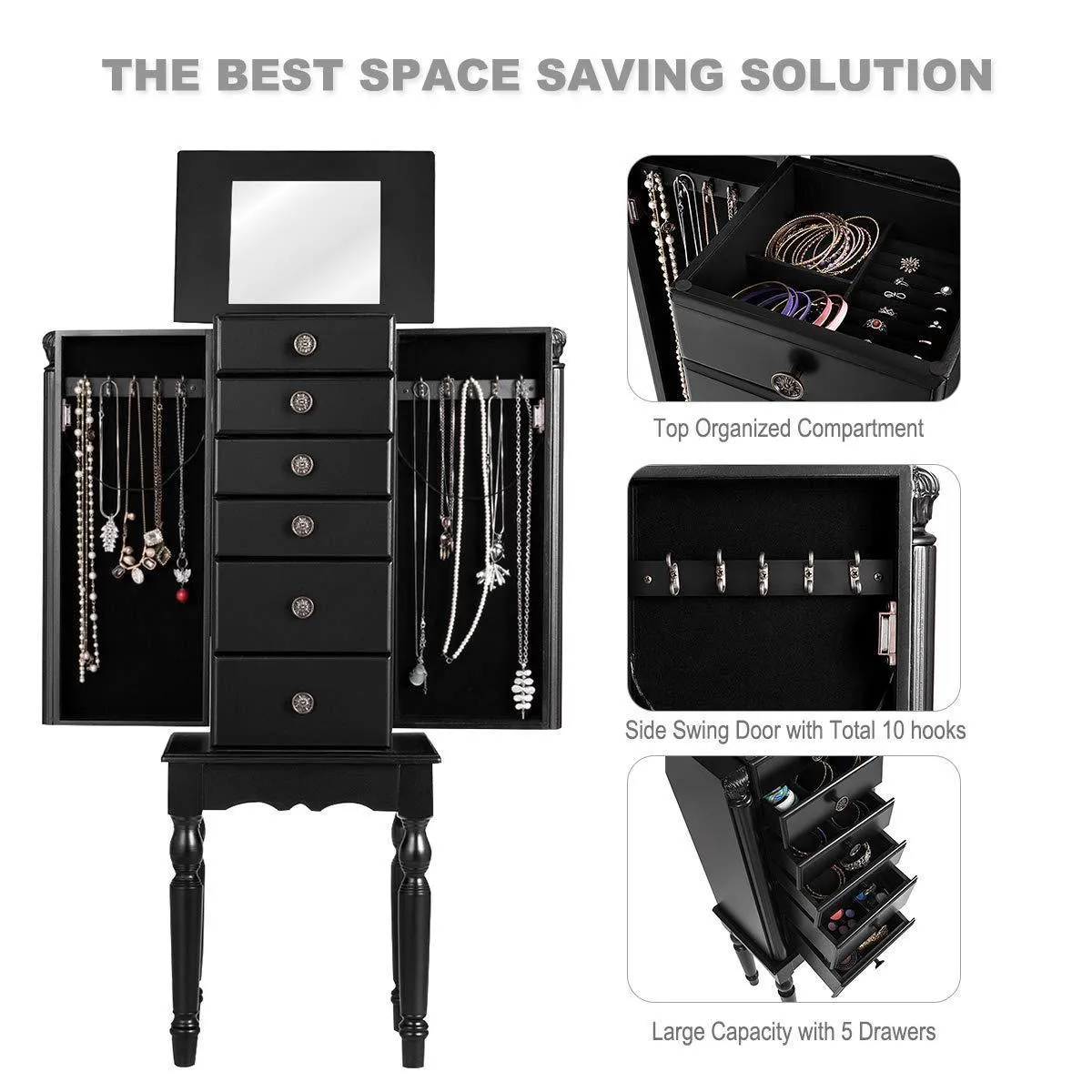 Giantex Jewelry Armoire Chest Cabinet Storage Box with Top Flip Makeup Mirror Large Standing Organizer for Bedroom 10 Necklace Hooks Space Saving Side Swing Doors Jewelry Armoires w/ 5 Drawers (Black)