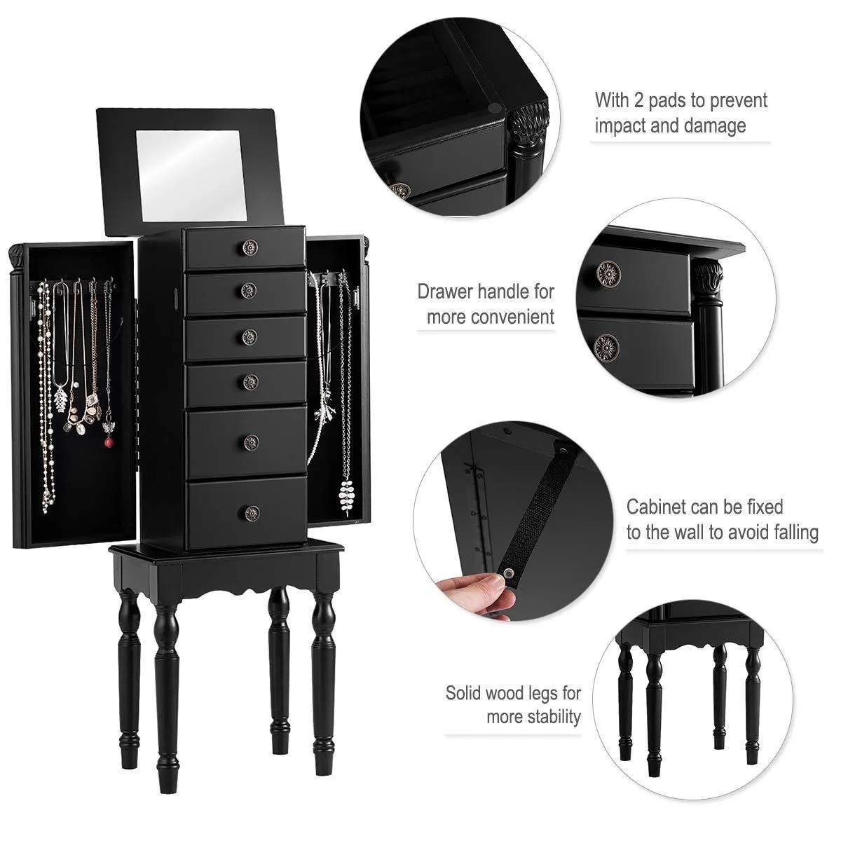 Giantex Jewelry Armoire Chest Cabinet Storage Box with Top Flip Makeup Mirror Large Standing Organizer for Bedroom 10 Necklace Hooks Space Saving Side Swing Doors Jewelry Armoires w/ 5 Drawers (Black)