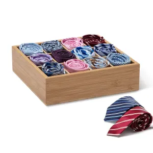 GOBAM Tie and Belt Organizer Box Closet Underwear Storage Box Drawer Divider for Bras,Briefs,Socks and Men's Accessories, Compartments of 12,Natural Bamboo