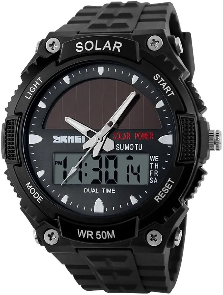 Gosasa Solar Power Sport Watches Men 50M Waterproof Outdoor Multifunctional Military Watch(Black)