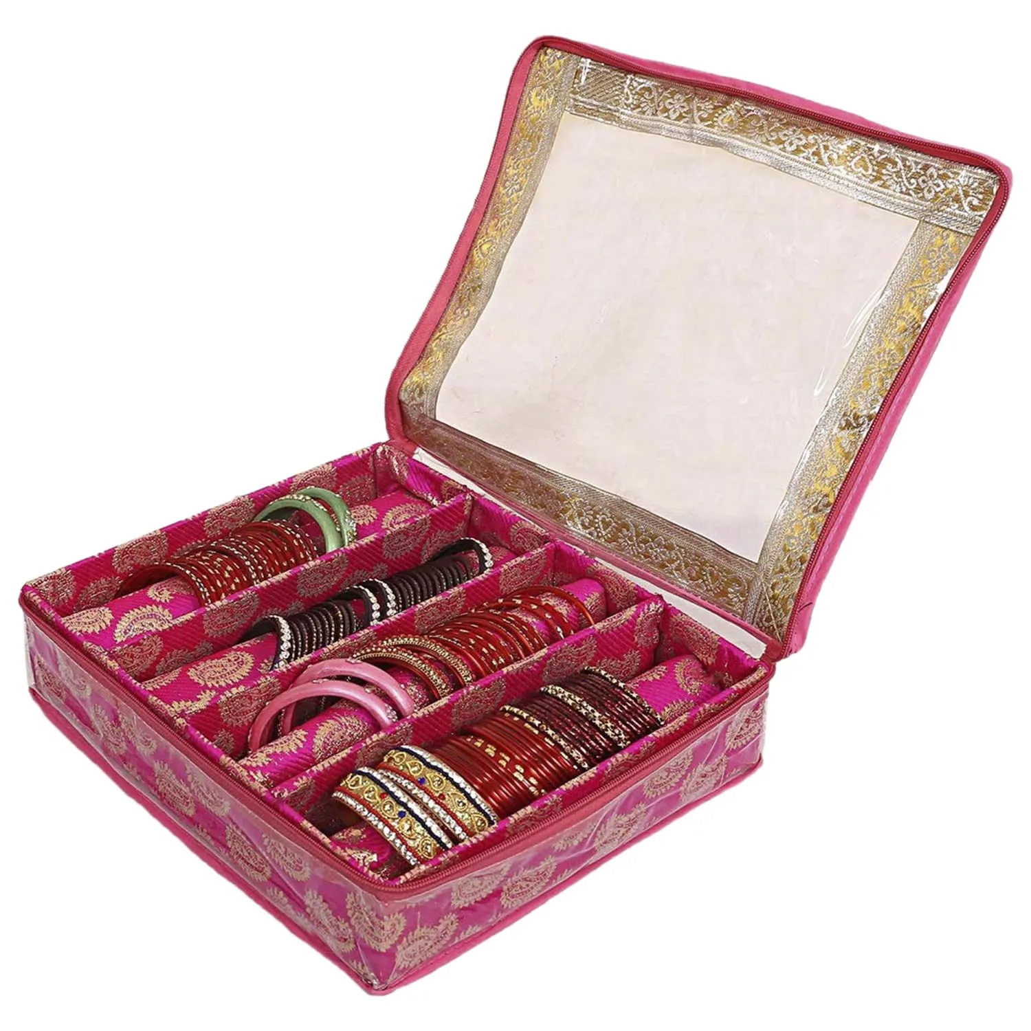 Heart Home Carry Design Laminated 4 Rod Box, Organizer For Bangle, Watches, Bracelets, Jewellery With Tranasparent Top (Pink)-47HH0110