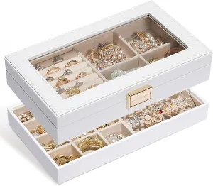 Homde Jewelry Tray Stackable Jewelry Box with Glass Lid, Removable Dividers for Vanity Table Gift Idea for Girls and Women (White)