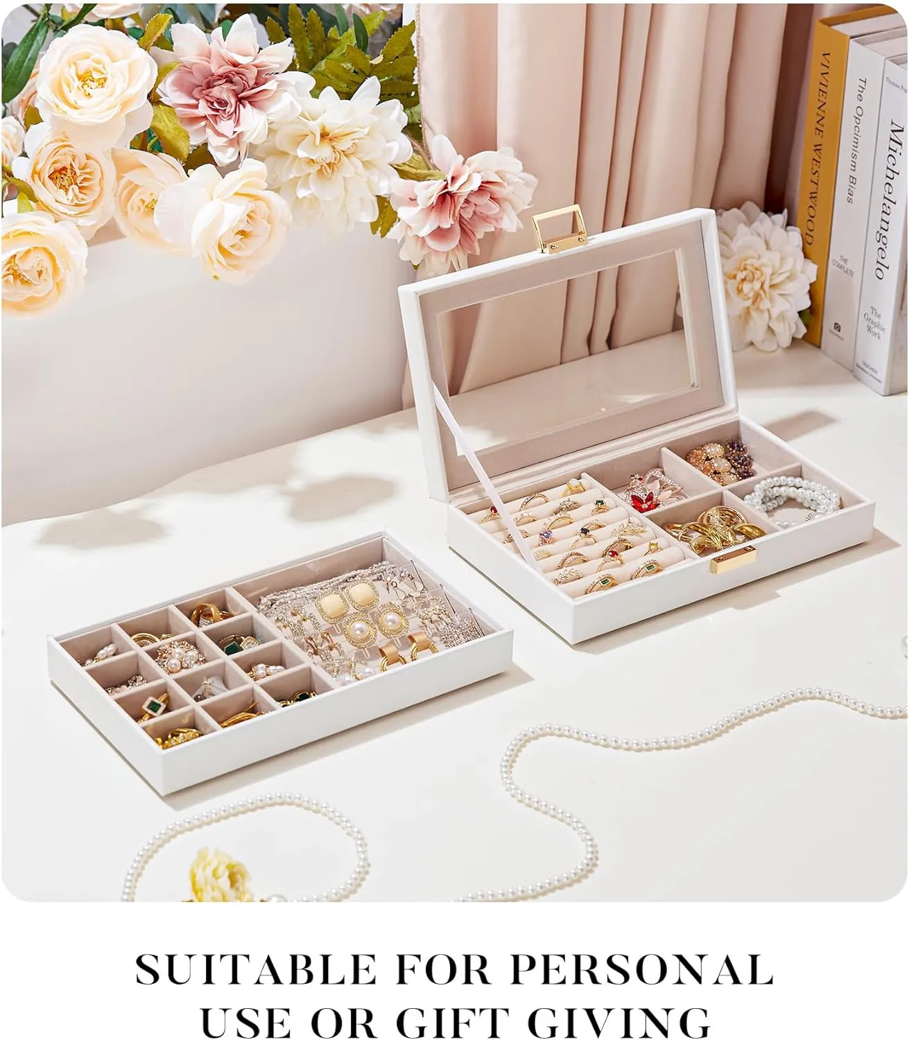 Homde Jewelry Tray Stackable Jewelry Box with Glass Lid, Removable Dividers for Vanity Table Gift Idea for Girls and Women (White)