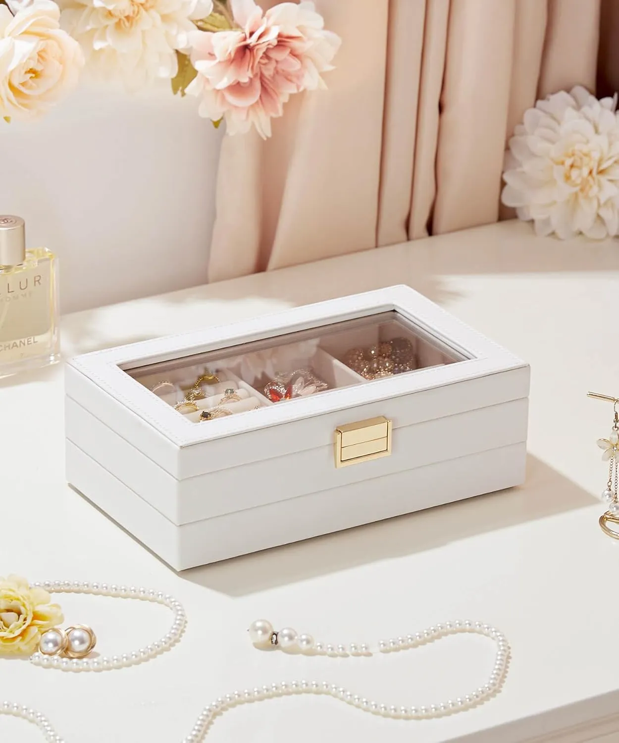 Homde Jewelry Tray Stackable Jewelry Box with Glass Lid, Removable Dividers for Vanity Table Gift Idea for Girls and Women (White)