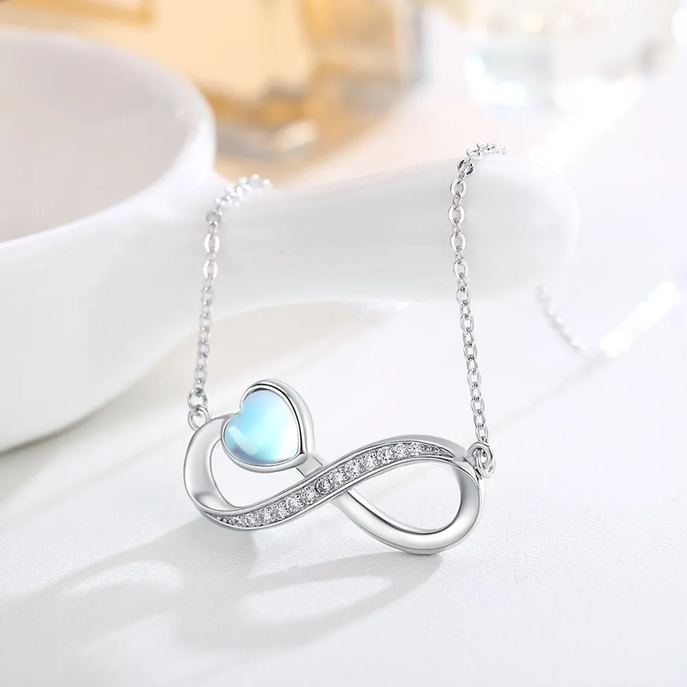 Infinite Symbol Love Necklace Sterling Silver Heart Moonstone Pendant Necklaces for Women Mom Wife Daughter Fashion Trendy Jewerly Birthday Xmas Valentines Day Gifts