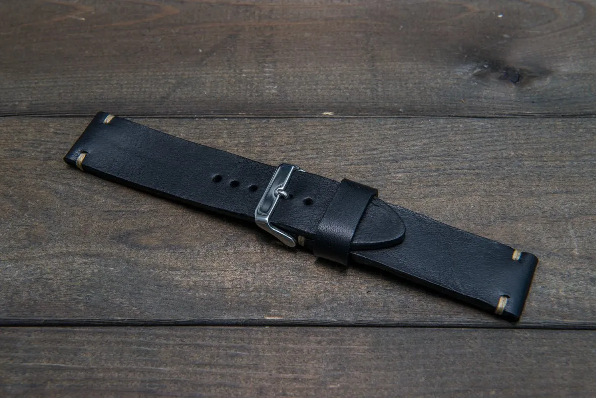 Italian bull leather watch strap 4 mm thick, Black Oily , handmade in Finland -  16mm, 17 mm, 18mm, 19 mm, 20mm, 21mm, 22mm, 23 mm, 24mm, 25 mm, 26 mm.