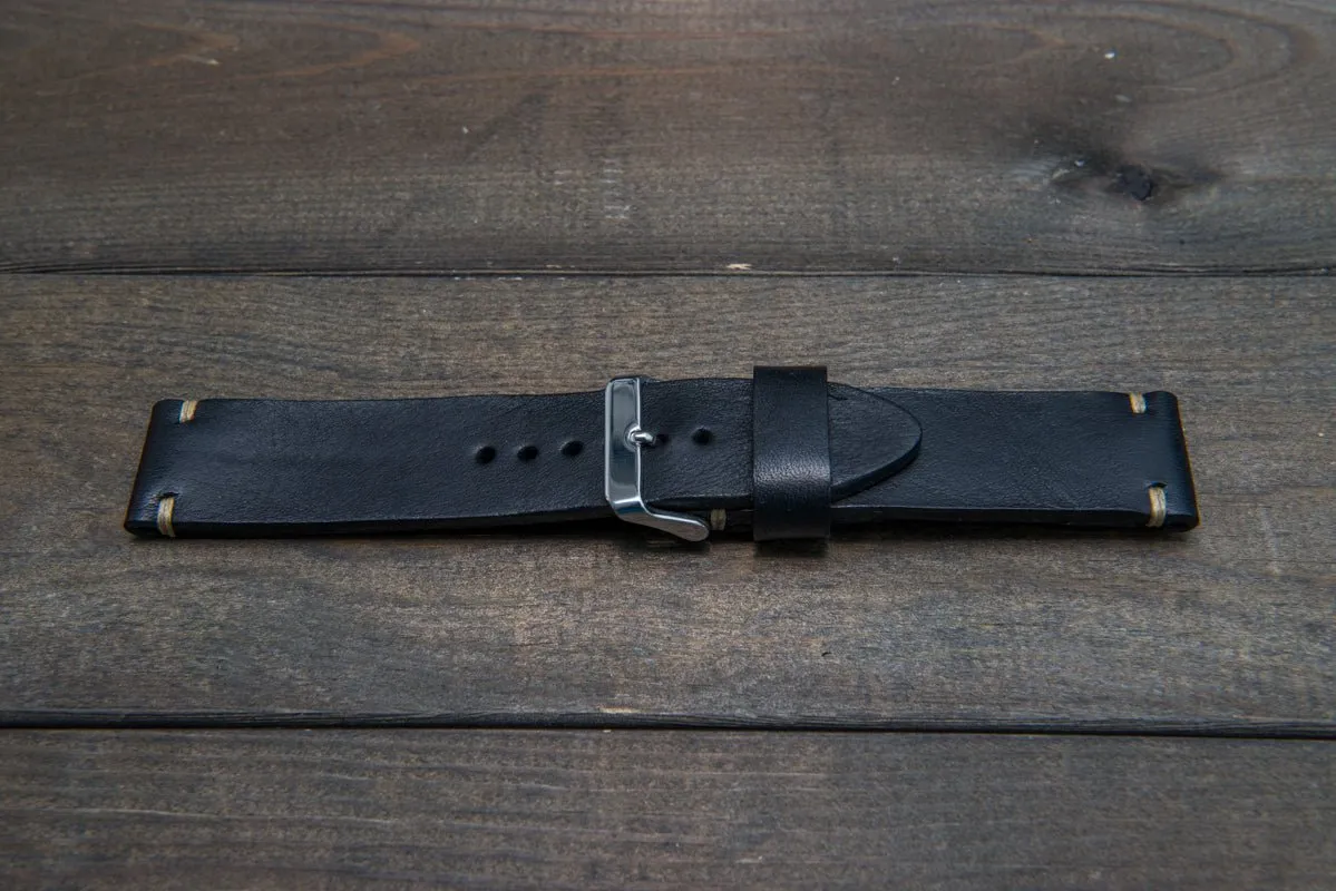 Italian bull leather watch strap 4 mm thick, Black Oily , handmade in Finland -  16mm, 17 mm, 18mm, 19 mm, 20mm, 21mm, 22mm, 23 mm, 24mm, 25 mm, 26 mm.
