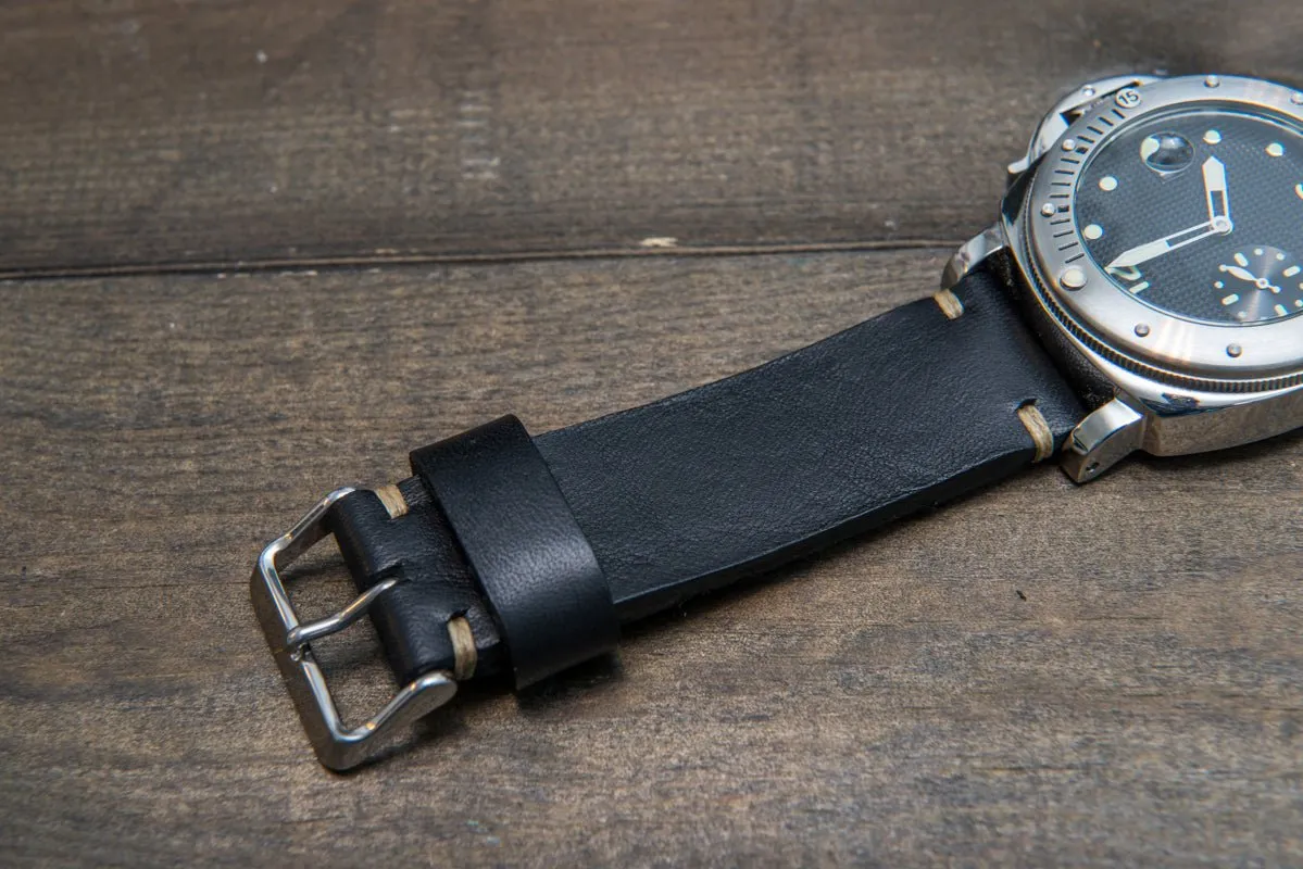 Italian bull leather watch strap 4 mm thick, Black Oily , handmade in Finland -  16mm, 17 mm, 18mm, 19 mm, 20mm, 21mm, 22mm, 23 mm, 24mm, 25 mm, 26 mm.
