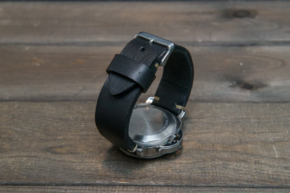 Italian bull leather watch strap 4 mm thick, Black Oily , handmade in Finland -  16mm, 17 mm, 18mm, 19 mm, 20mm, 21mm, 22mm, 23 mm, 24mm, 25 mm, 26 mm.