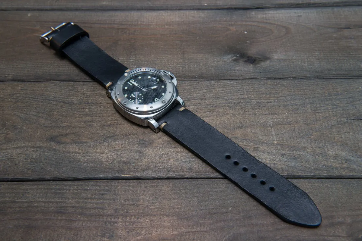 Italian bull leather watch strap 4 mm thick, Black Oily , handmade in Finland -  16mm, 17 mm, 18mm, 19 mm, 20mm, 21mm, 22mm, 23 mm, 24mm, 25 mm, 26 mm.