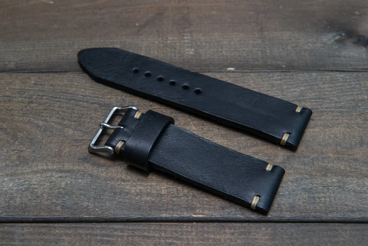 Italian bull leather watch strap 4 mm thick, Black Oily , handmade in Finland -  16mm, 17 mm, 18mm, 19 mm, 20mm, 21mm, 22mm, 23 mm, 24mm, 25 mm, 26 mm.