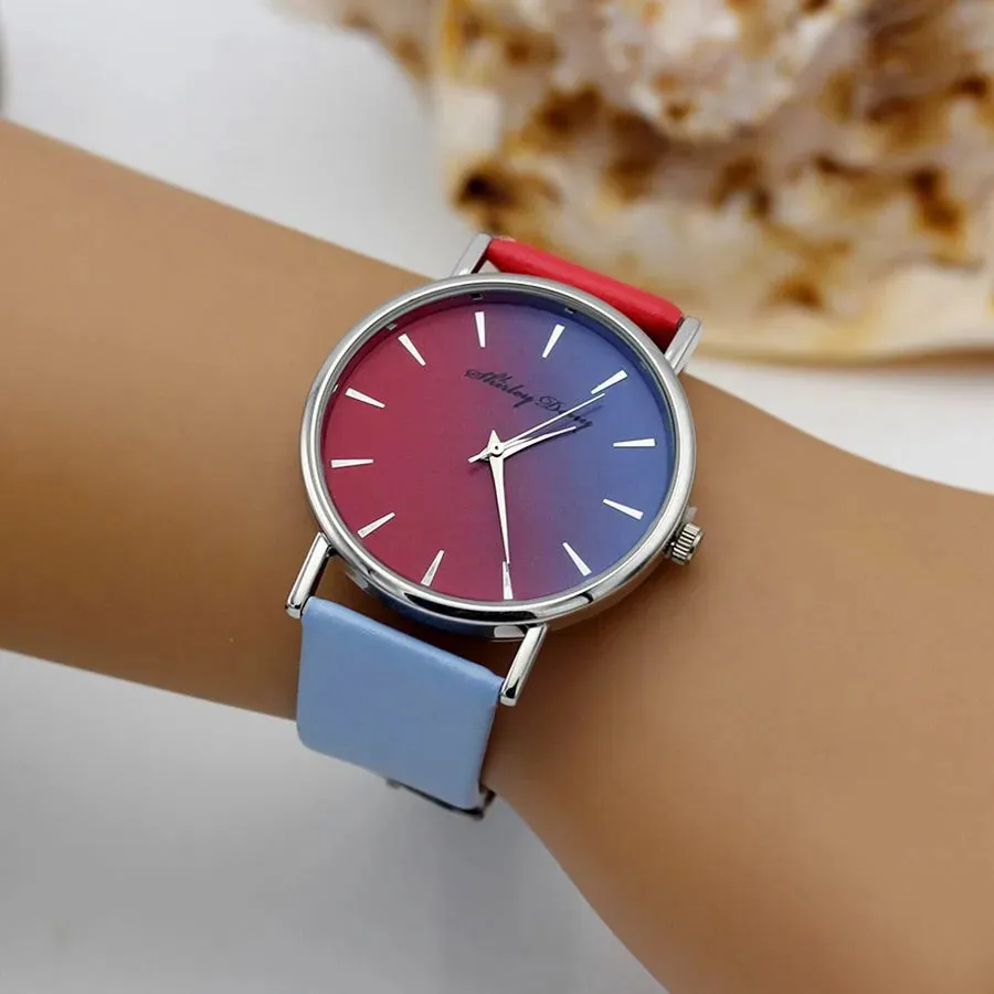 Ladies Casual Gradient Color Watch Various Colors PU Leather Band Luxury Trendy Women's Quartz Watches