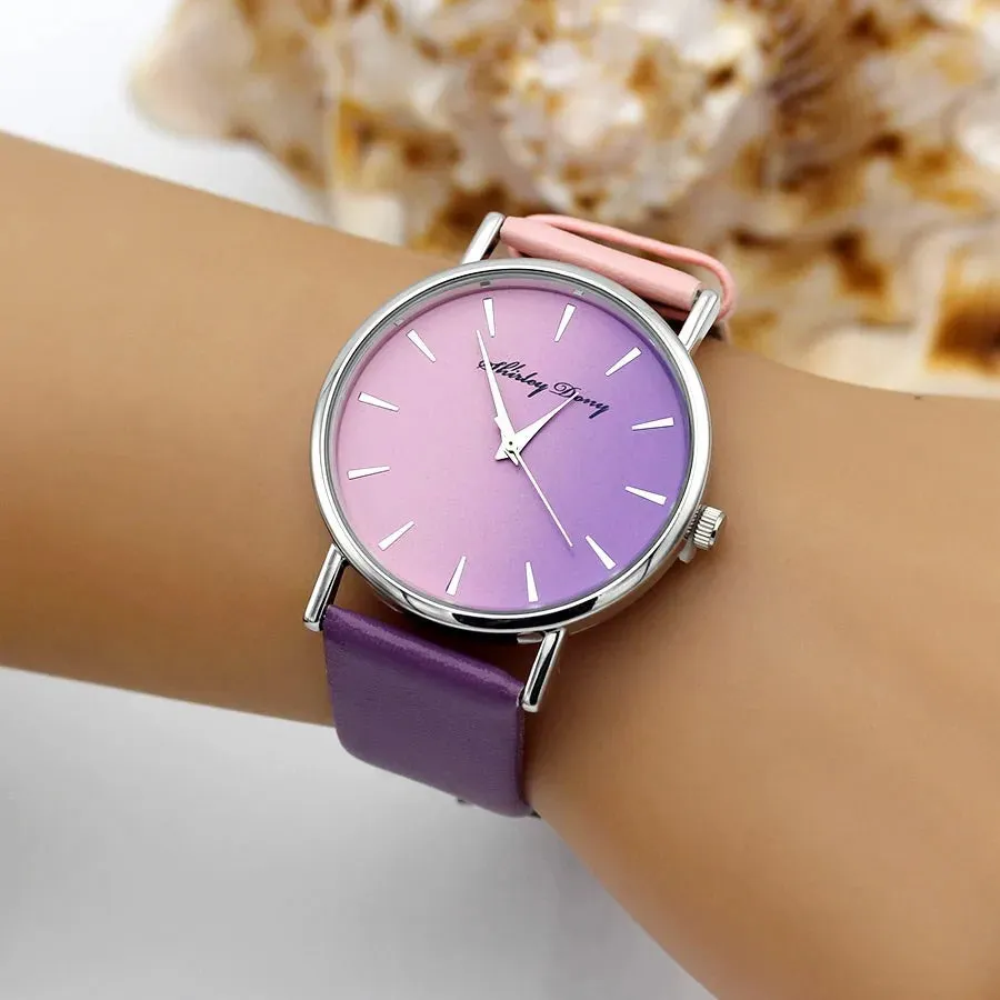 Ladies Casual Gradient Color Watch Various Colors PU Leather Band Luxury Trendy Women's Quartz Watches