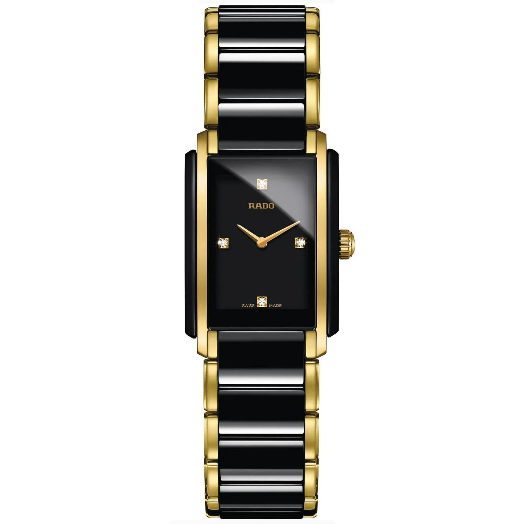 Ladies' Rado Integral Diamonds Rectangular Case Black Ceramic and Gold-Tone Watch R20845712