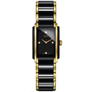 Ladies' Rado Integral Diamonds Rectangular Case Black Ceramic and Gold-Tone Watch R20845712