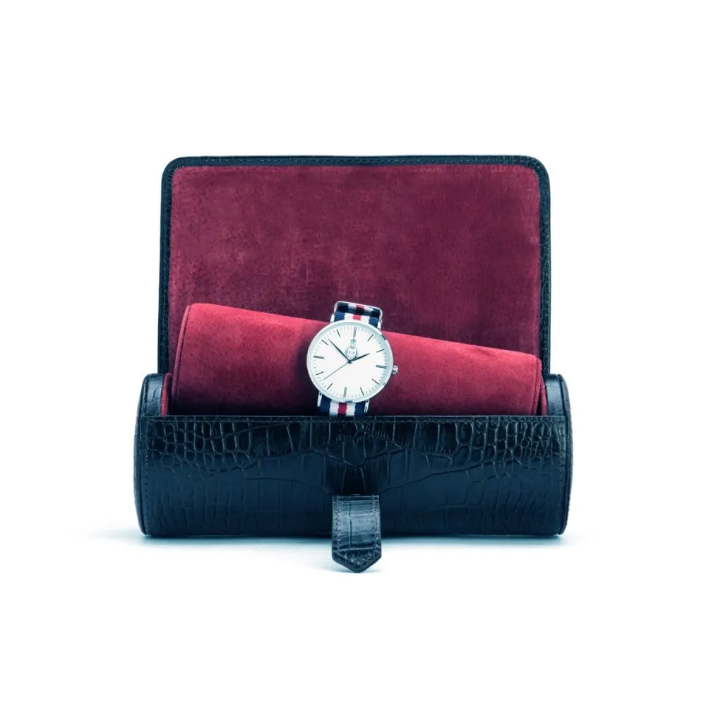 Large Leather Watch Roll - Black Croc With Red