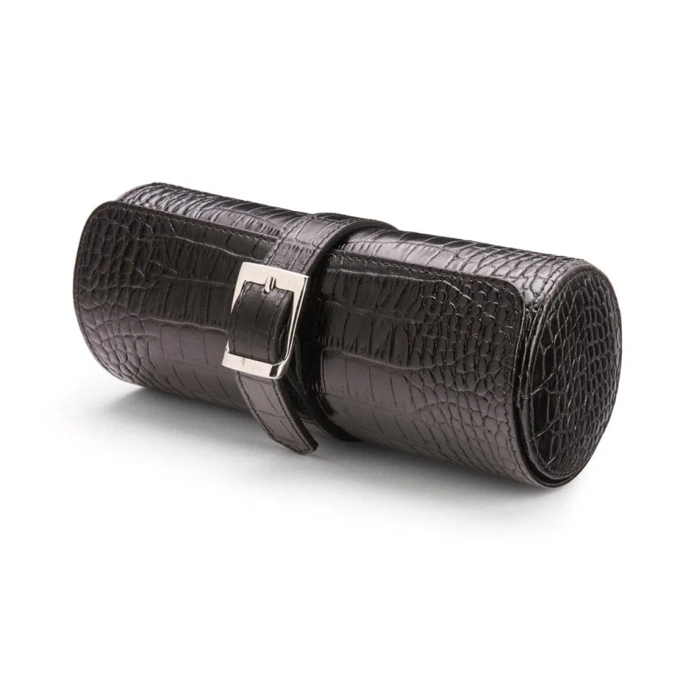 Large Leather Watch Roll - Black Croc With Red