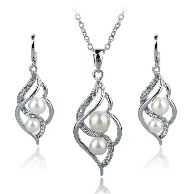 LongWay Gold Color Elegant Inlaid Crystal Jewelry Sets Imitation Pearl Earrings Necklaces Set For Women Wedding SET140024