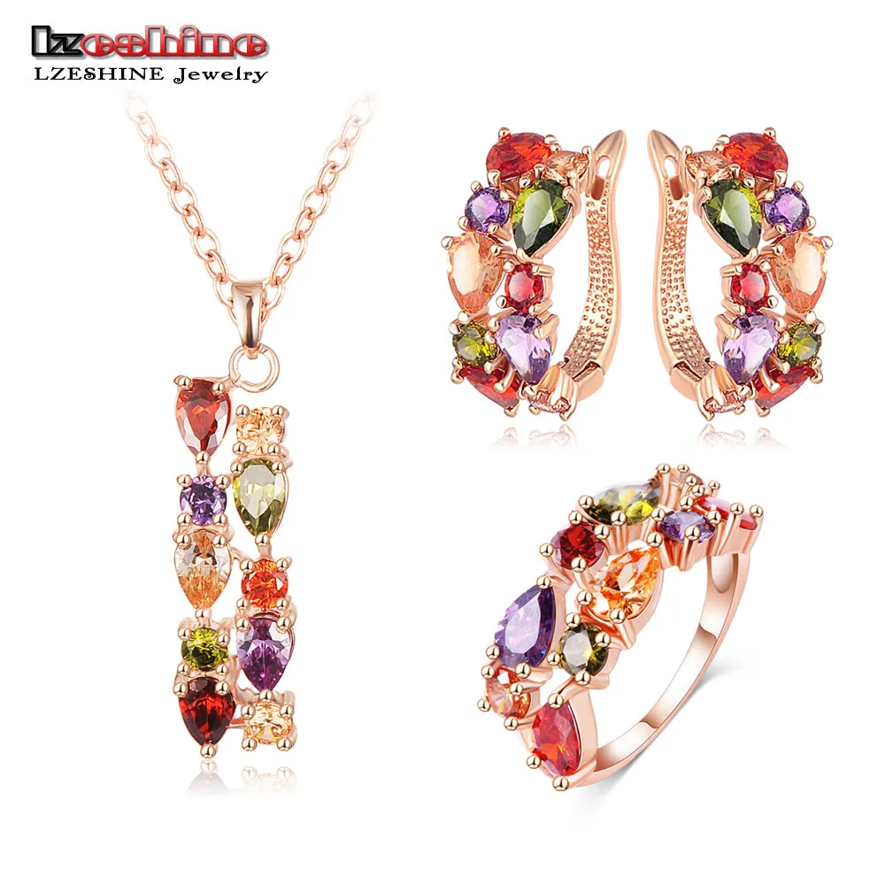 LZESHINE New Top  Rose Gold Color Flower Jewelry Set Multicolor Cubic Zircon Pendant/Earrings/Ring Women Wedding Jewelry Sets