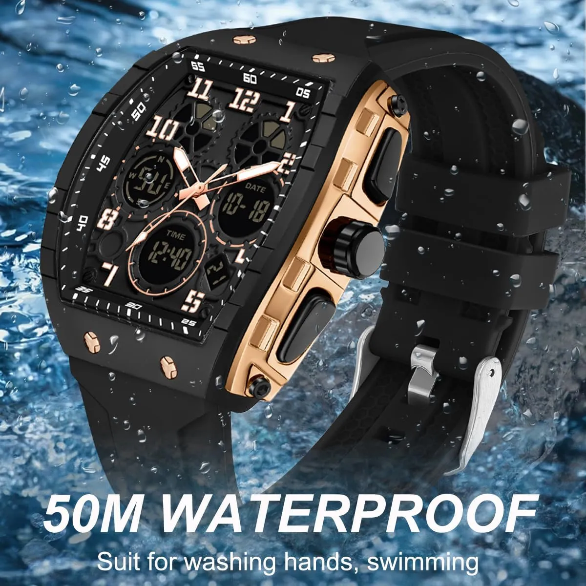 Men's Watch Fashion Digital Analog Watches Waterproof Sport Wristwatch Military Tactical Watches Causal Quartz Dress Wrist Watch with LED Stopwatch Countdown Alarm Curved Screen Relojes para Hombres