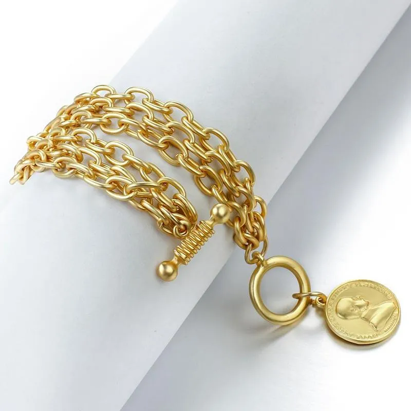 Multiple Chunky Chains With Coin Head Charm Bracelet