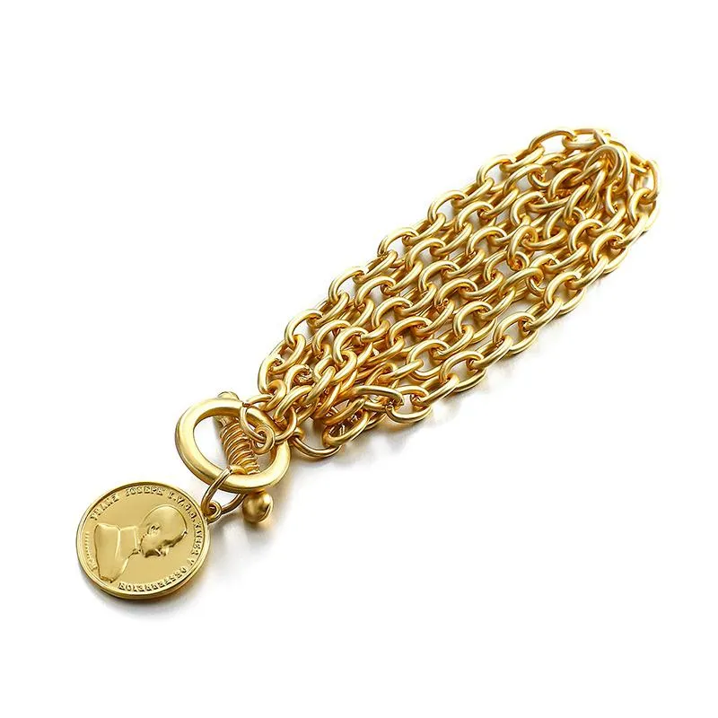 Multiple Chunky Chains With Coin Head Charm Bracelet