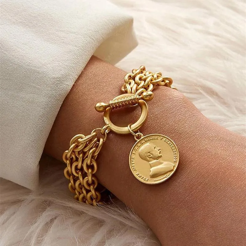 Multiple Chunky Chains With Coin Head Charm Bracelet