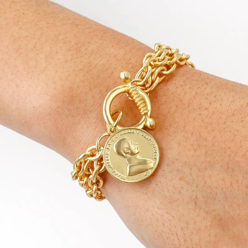 Multiple Chunky Chains With Coin Head Charm Bracelet