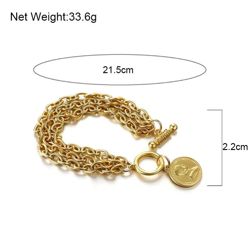Multiple Chunky Chains With Coin Head Charm Bracelet