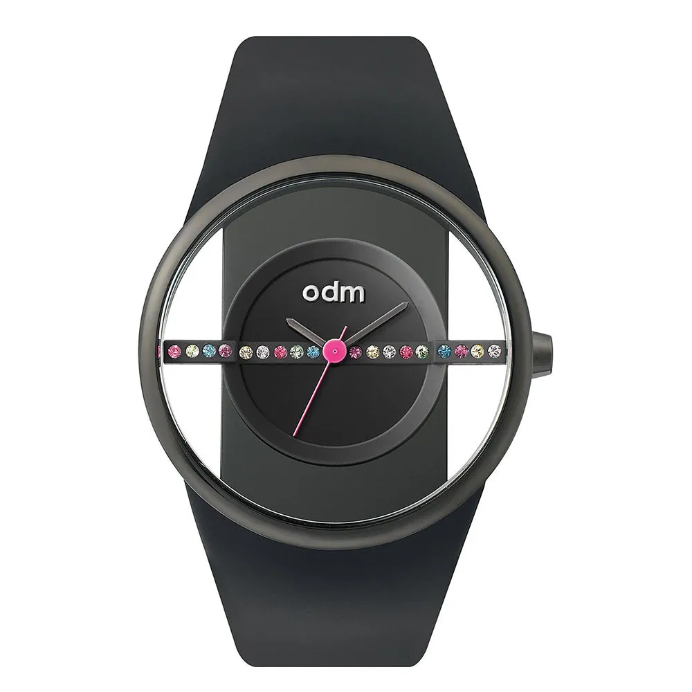 ODM Women's Sky Walk Crystal Analog Stainless Watch - Black Leather - Black Dial - DD151C-04