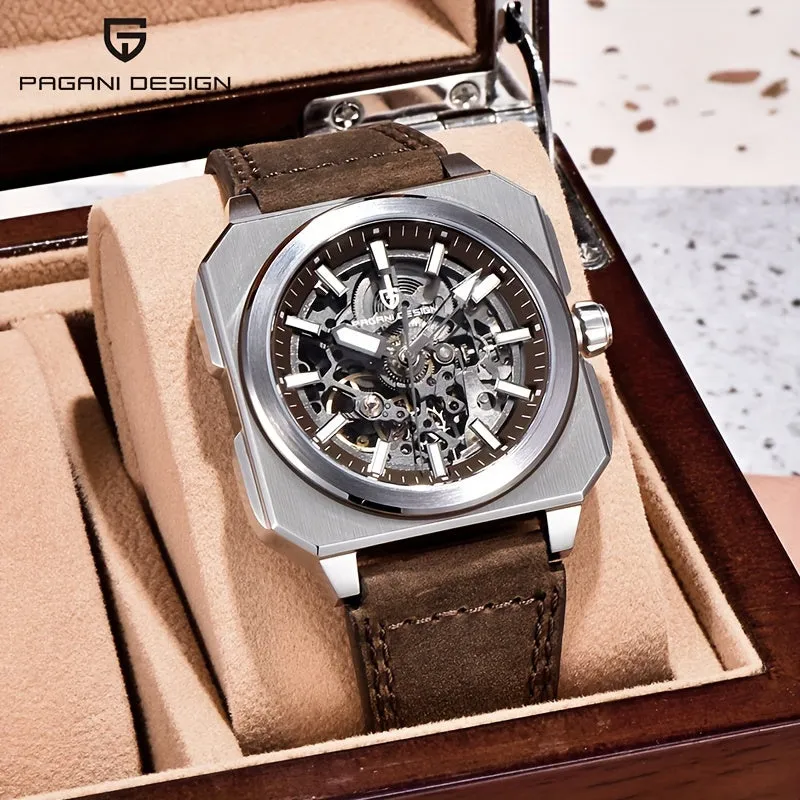 PAGANI DESIGN Men's Luxury Automatic Mechanical Watch - Square, Skeleton Movement with Luminous Dial, Waterproof Stainless Steel Case