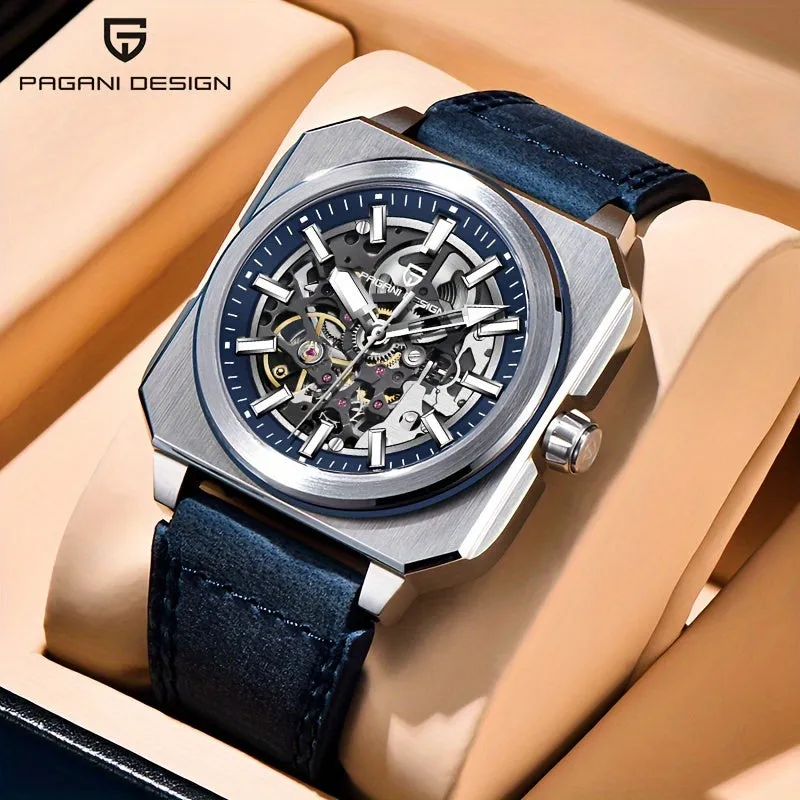 PAGANI DESIGN Men's Luxury Automatic Mechanical Watch - Square, Skeleton Movement with Luminous Dial, Waterproof Stainless Steel Case
