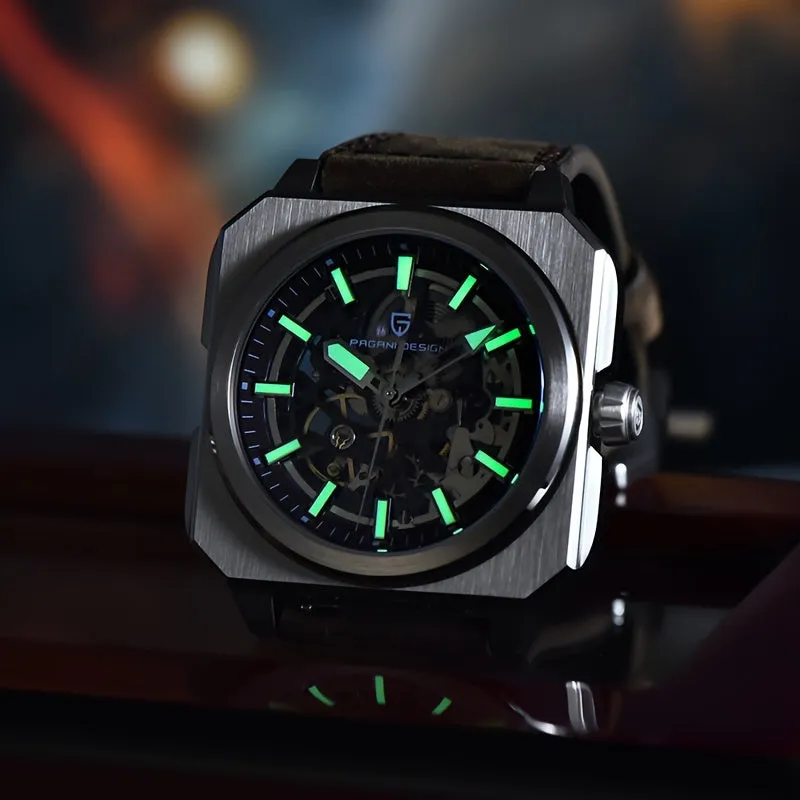 PAGANI DESIGN Men's Luxury Automatic Mechanical Watch - Square, Skeleton Movement with Luminous Dial, Waterproof Stainless Steel Case