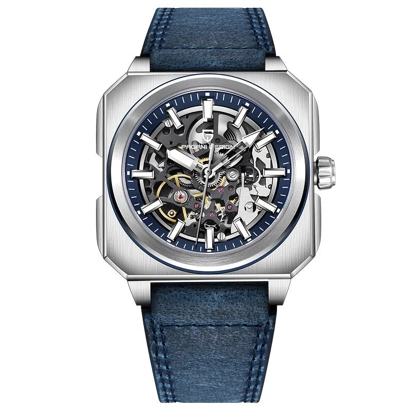 PAGANI DESIGN Men's Luxury Automatic Mechanical Watch - Square, Skeleton Movement with Luminous Dial, Waterproof Stainless Steel Case