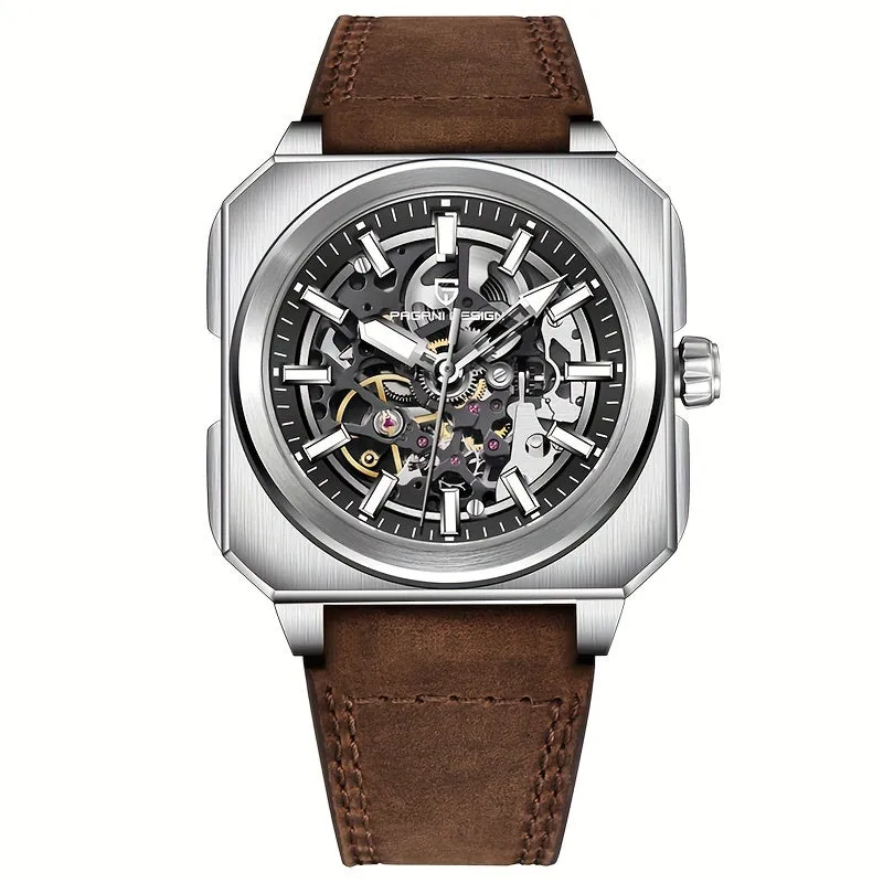 PAGANI DESIGN Men's Luxury Automatic Mechanical Watch - Square, Skeleton Movement with Luminous Dial, Waterproof Stainless Steel Case
