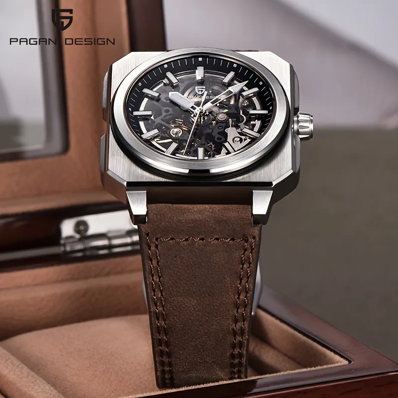 PAGANI DESIGN Men's Luxury Automatic Mechanical Watch - Square, Skeleton Movement with Luminous Dial, Waterproof Stainless Steel Case