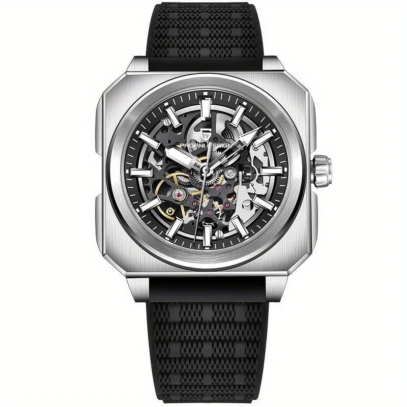 PAGANI DESIGN Men's Luxury Automatic Mechanical Watch - Square, Skeleton Movement with Luminous Dial, Waterproof Stainless Steel Case