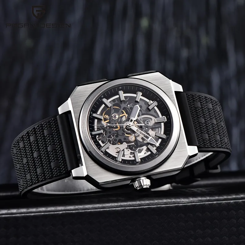 PAGANI DESIGN Men's Luxury Automatic Mechanical Watch - Square, Skeleton Movement with Luminous Dial, Waterproof Stainless Steel Case
